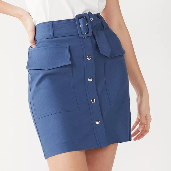 Belted Navy Skirt with Button Front & Patch Pockets | Nine West - Picture 1 of 5